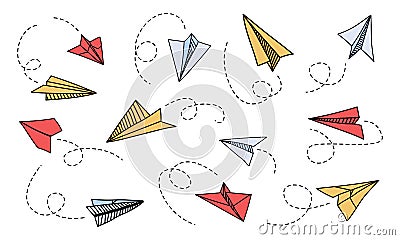 Doodle paper plane. Hand drawn colorful airplane with outline curve routes, simple line origami aircraft angle view Vector Illustration