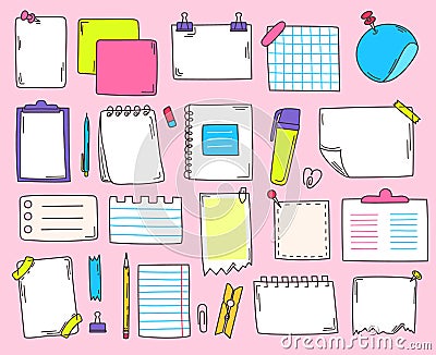 Doodle paper sheets, cute planner sticky notes. Hand drawn notebook page stickers, sketch memo sheet, note papers doodles vector Stock Photo