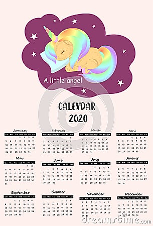 Doodle pastel calendar 2020 with unicorn, rainbow, cloud for children.Can be used for printable graphic Vector Illustration