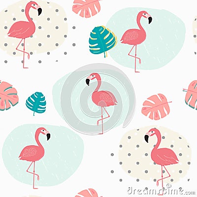 Doodle pastel tropical summer leafs and pink flamingo pattern seamless background Vector Illustration