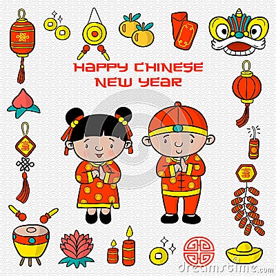 Doodle pattern happy chinese new year with cartoon illustration, greeting card, chinese character is mean lucrative Vector Illustration