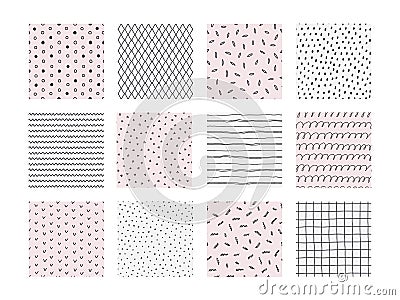 Doodle pattern. Seamless hand drawn prints with geometric sketch shapes. Pastel pink or white backgrounds with dots and Vector Illustration