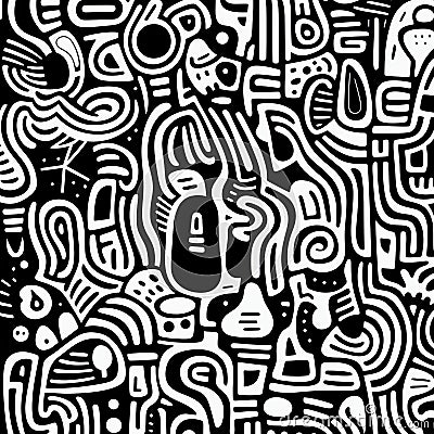 Whimsical Cyborgs: Abstract Black And White Pattern With Absurd Doodles Stock Photo