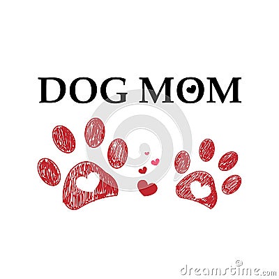 Doodle paw prints with red heart and dog mom text Vector Illustration