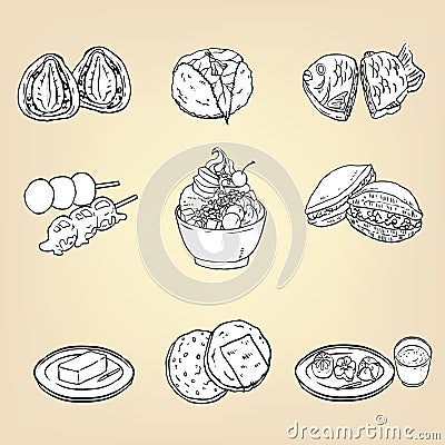 Doodle pencil drawing of Japanese traditional cuisine dessert fo Vector Illustration