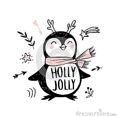 Doodle penguin with pink scarf, horns and hand draw inscription Holly Jolly. Vector Illustration