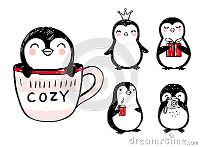 Doodle penguins, hand drawn set of funny animals. Vector Penguin character in sketch style. Vector Illustration