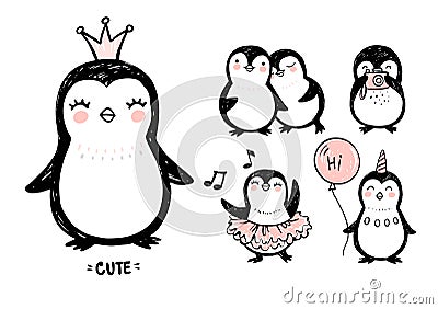 Doodle penguins, hand drawn set of funny animals. Vector Penguin character in sketch style. Vector Illustration