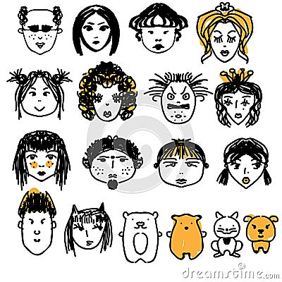 Doodle people faces. Hand drawn man and woman avatars, cute animals. Artisitic design elements Vector Illustration