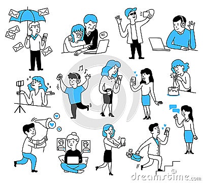 Doodle people. Sketch line characters. Social media influencer. Adult couple meeting. Online communication. Dating app Vector Illustration