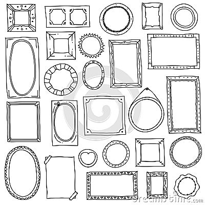 Doodle photo frame. Hand drawn square oval picture frames, scrapbook scribble journaling borders. Retro sketch Vector Illustration