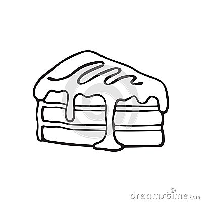 Doodle of a piece of cake with cream and syrup Vector Illustration