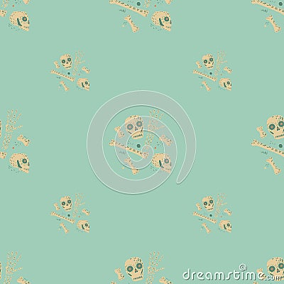 Doodle piracy seamless hand drawn pattern with light beige skull and bones ornament. Light blue background Vector Illustration