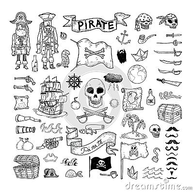 Doodle pirate elememts, vector illustration. Vector Illustration