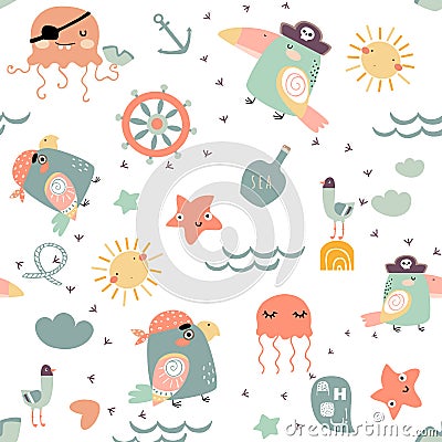 Doodle piratical seamless pattern with funny birds Vector Illustration