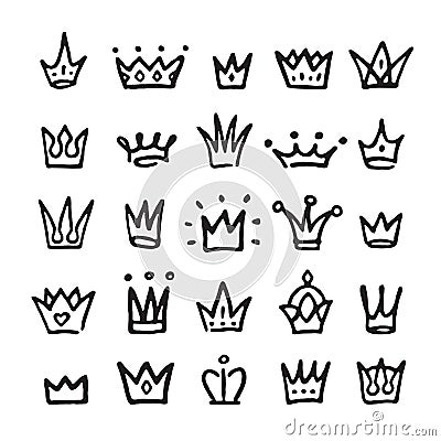 Doodle queen crowns. Logo prince crown, black royal signs. King tiara, sketch crowned elements. Hand drawn baby princess Vector Illustration