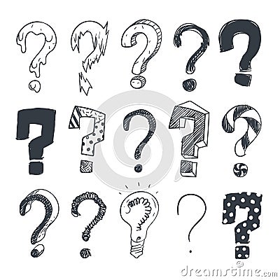 Doodle question marks. Hand drawn interrogation query symbols vector set Vector Illustration