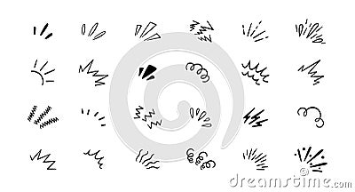 Doodle radial line rays. Hand drawn round corner shine. Sunburst sparkle element. Sun burst doodle icon. Explosion frame Vector Illustration