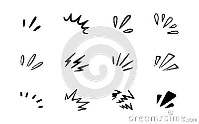 Doodle radial line rays. Hand drawn round corner shine. Sunburst sparkle element. Sun burst doodle icon. Explosion frame Vector Illustration