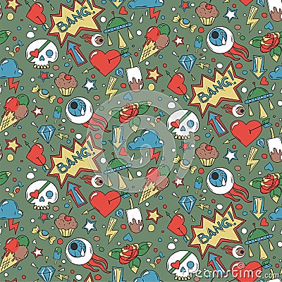 Doodle random objects colored pattern Vector Illustration