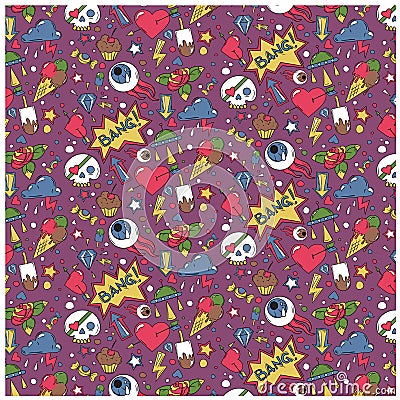 Doodle random objects colored pattern Vector Illustration