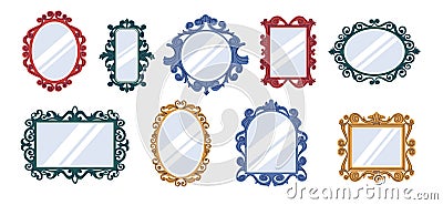 Doodle retro mirrors. Vintage reflective surfaces with decorative curly borders. Elegant hand drawn shapes. Square and Vector Illustration