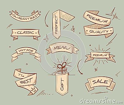 Doodle retro ribbon banners with hand drawn retail selling messages vector collection Vector Illustration