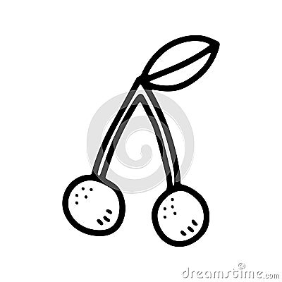Doodle ripe cherry. Outline berries with leaf Vector Illustration