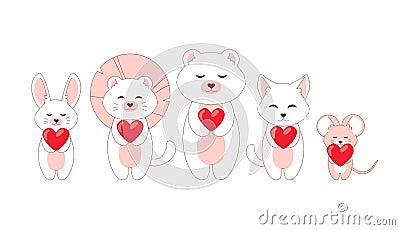 Doodle romantic animals. Cartoon pets with red hearts standing in row. Cute mouse and kitten. White fox or funny bear Vector Illustration