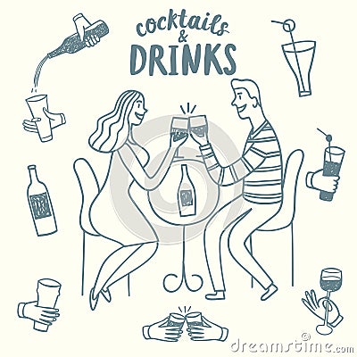 Doodle romantic pair drinking wine Cartoon Illustration