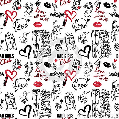 Doodle romantic pattern in girlish style with pop art lips, text, heart,graffity Vector Illustration
