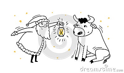 Doodle Santa and the bull. Santa Claus leans forward with a lantern in hand and looks at the bull that sits in front of Santa. Vector Illustration