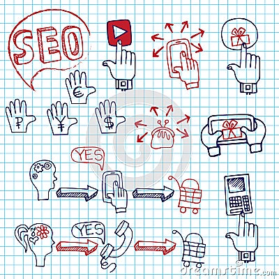 Doodle scheme main activities seo with icons. Vector Illustration