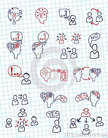 Doodle scheme people communication with icons. Vector Illustration