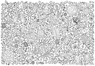 Doodle Science vector illustration . Biology and Biotechnology set. Hand on the theme of Zoology, Botany, Anatomy on Vector Illustration