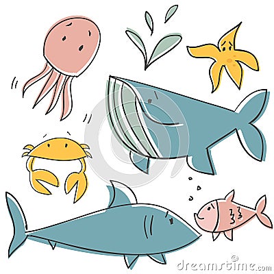 Doodle sea animals Vector Illustration