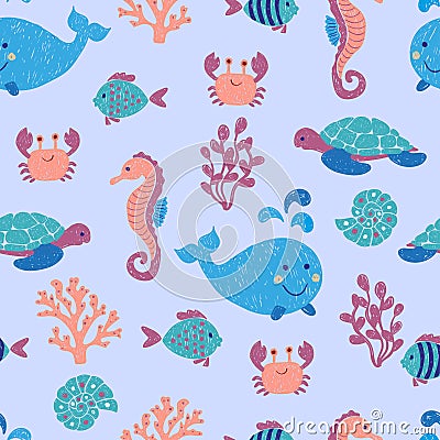 Doodle sea animals seamless pattern. Vector Illustration