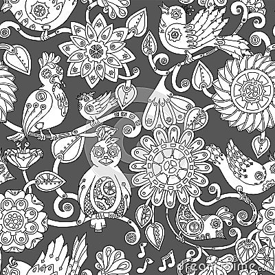 Doodle seamless background with steampunk birds and flowers. Vector Illustration