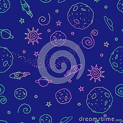 Doodle seamless pattern. Bright color space. Vector illustration. Planets, UFO, rocket, stars isolated on a blue Vector Illustration