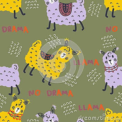 Doodle seamless pattern with cute lamas and text NO DRAMA LLAMA. Perfect for T-shirt, textile and print. Hand drawn Vector Illustration