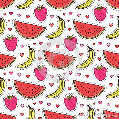 Doodle seamless pattern with fruits. Banana, strawberry and watermelon vector background. Wrapping paper or textile Vector Illustration