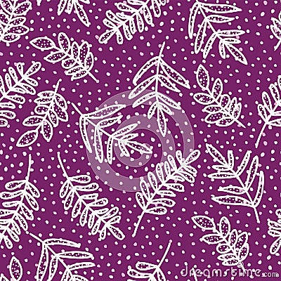 Doodle seamless pattern of hand drawn dot textured purple background with cute branch and leaves design Vector Illustration