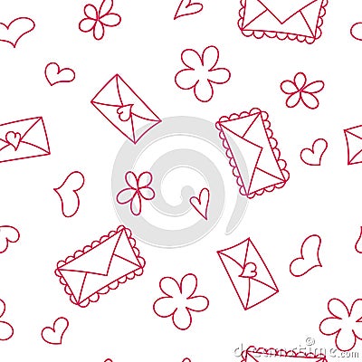 Doodle seamless pattern with hearts and envelops Vector Illustration