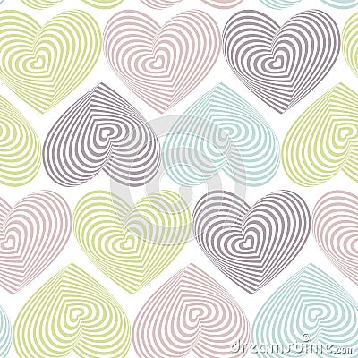 Doodle seamless pattern with hearts on white background Optical illusion 3D three-dimensional volume. Vector Vector Illustration