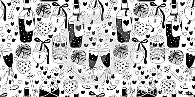 Doodle seamless pattern with love potion and Valentine`s day decor Vector Illustration