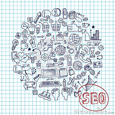 Doodle seo concept with icons on Notepaper.Circle Vector Illustration