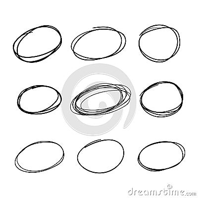 Doodle set of black hand drawn circle line sketch set. Pencil or pen highlighter ellipses shapes. Vector Illustration