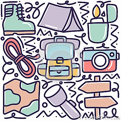 doodle set of camp tools hand drawing Vector Illustration