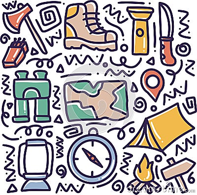 doodle set of camp tools hand drawing Vector Illustration