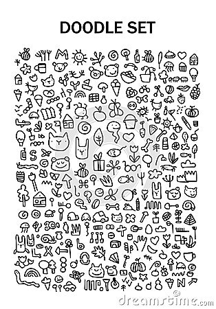Doodle set with cute animals and things Vector Illustration